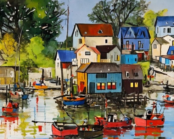 Vibrant Coastal Scene with Colorful Houses and Boats