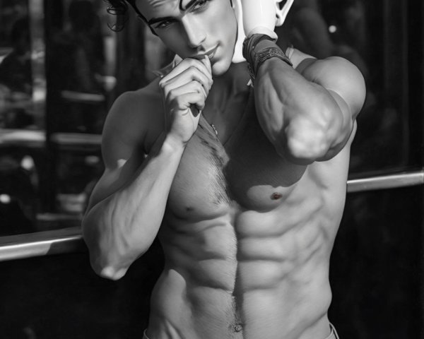 Black-and-white portrait of a muscular young man