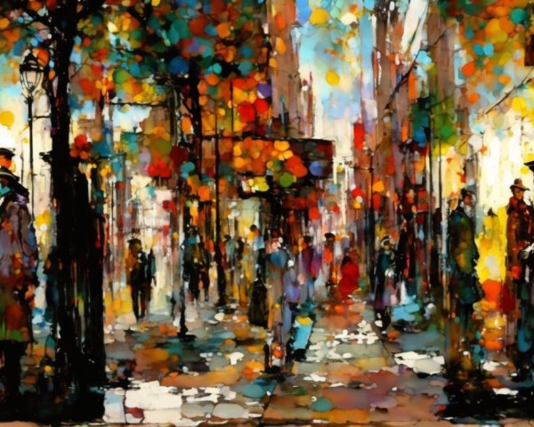 Vibrant Street Scene with Colorful Lights and Autumn Leaves
