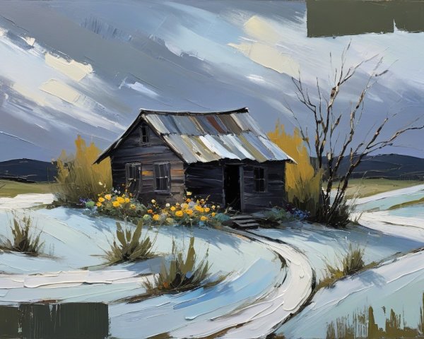 Rustic cabin in snowy landscape with wildflowers