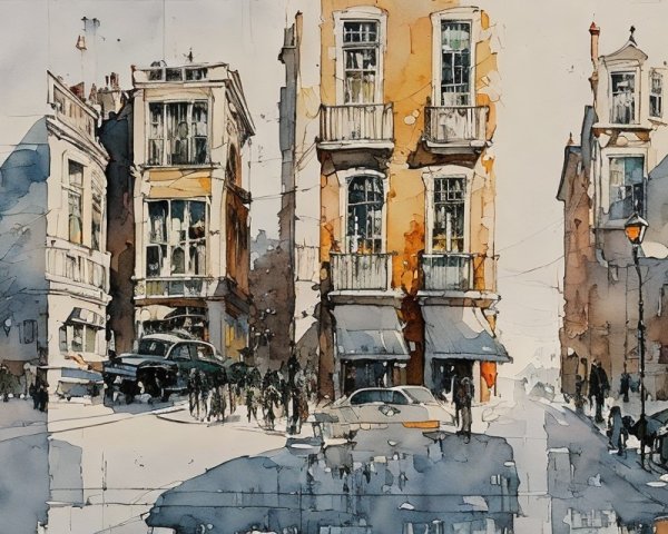 Vibrant Watercolor Cityscape with Charming Architecture