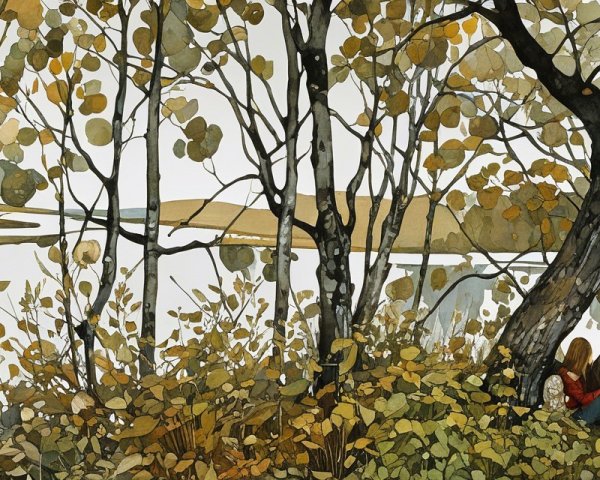 Serene Landscape with Figures Beneath Lush Trees