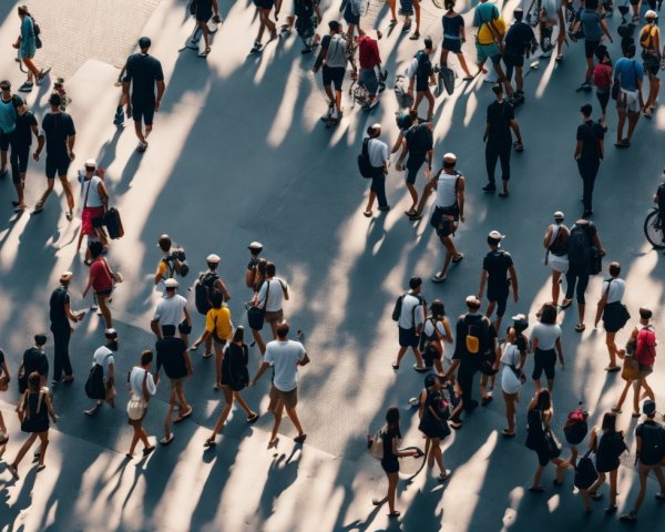 Diverse Urban Crowd in Sunlit City Scene