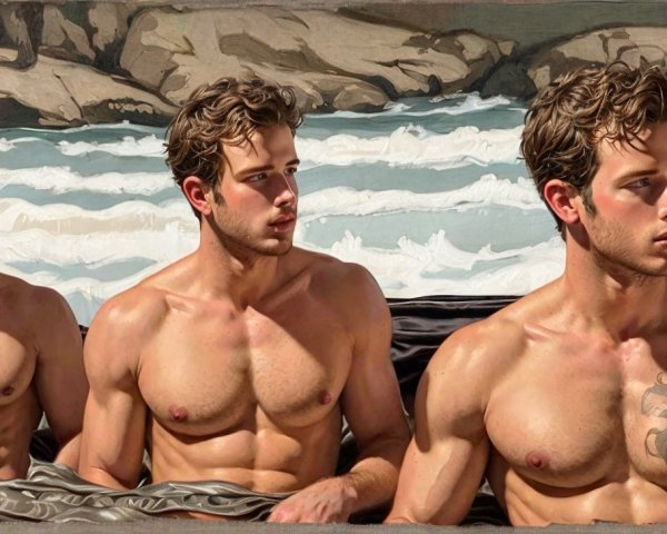 Triptych of a Young Man by Ocean Waves and Cliffs