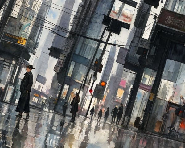 Urban Scene with Reflections on Rain-Soaked Streets
