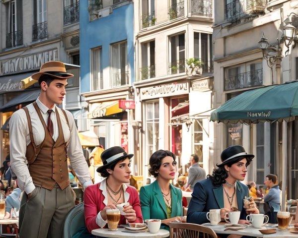 Elegant Café Scene with Vintage Fashion in Paris