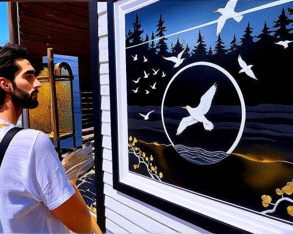 Young man beside vibrant mural of birds and nature