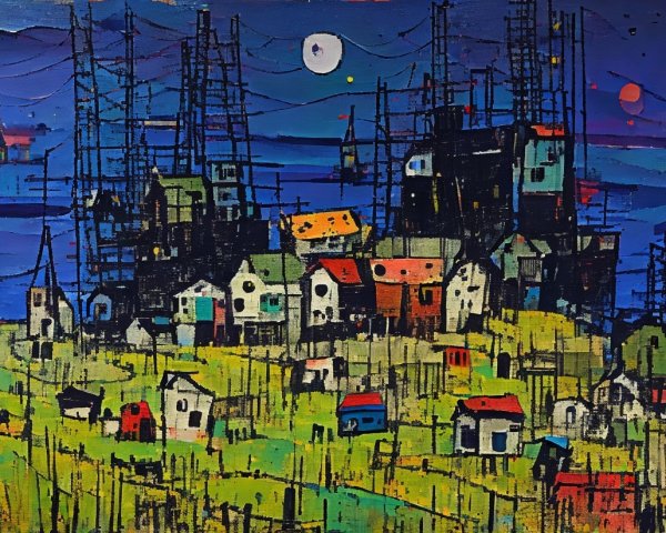 Vibrant Abstract Landscape with Colorful Houses and Moon