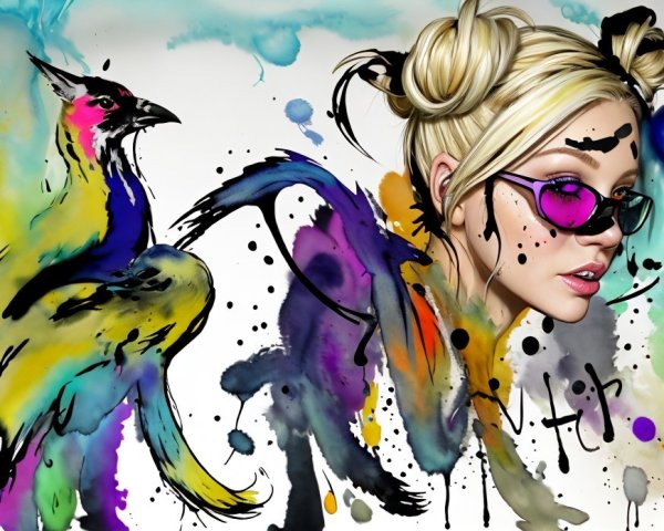Vibrant Scene of Woman and Abstract Colorful Phoenix