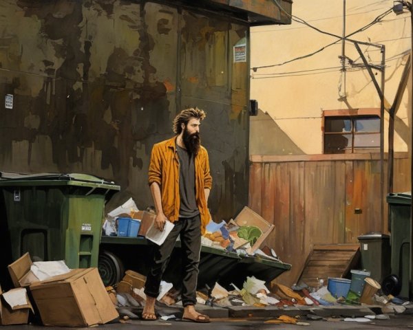 Man in Orange Jacket Contemplates in Cluttered Alley