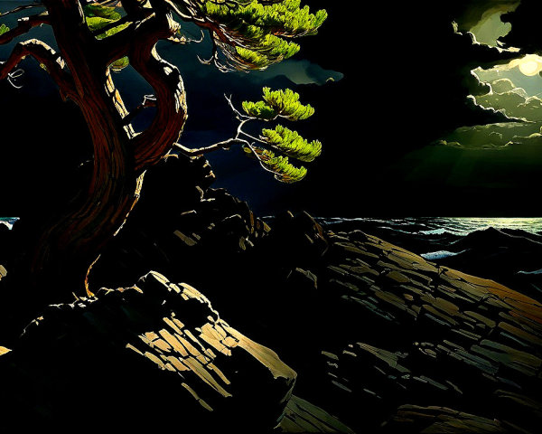 Twisted Tree on Rocks Under Moonlit Sky and Turbulent Sea