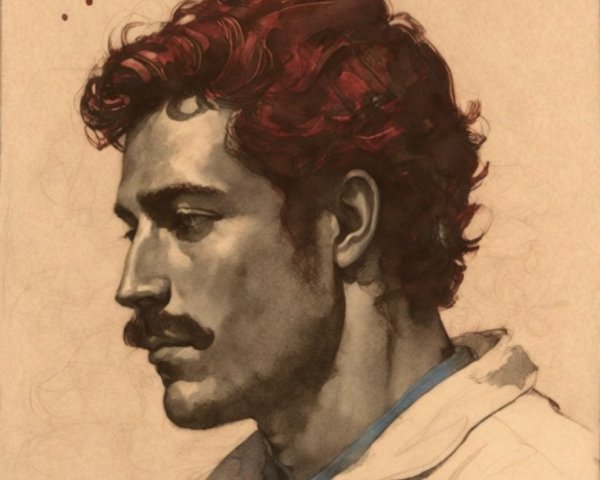 Stylized portrait of a man with wavy reddish-brown hair