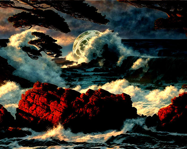 Dramatic Coastal Scene with Waves and Ethereal Moon