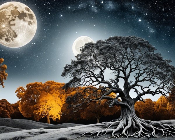 Mystical landscape with gnarled tree and luminous moons