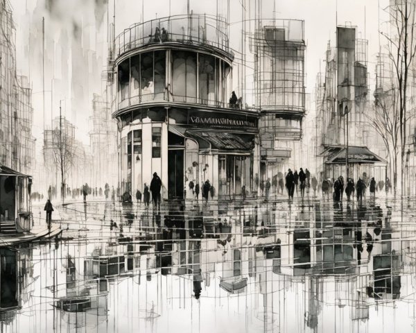 Surreal Urban Landscape with Reflective Water Surfaces