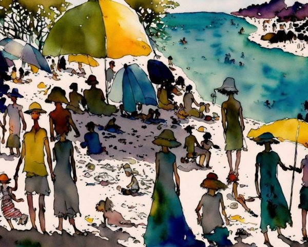 Vibrant Beach Scene with Families Enjoying Summer Day
