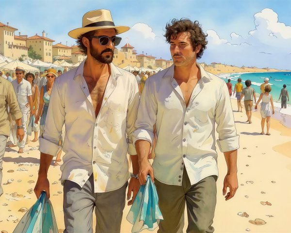 Two men walking on a sunny beach with a crowd