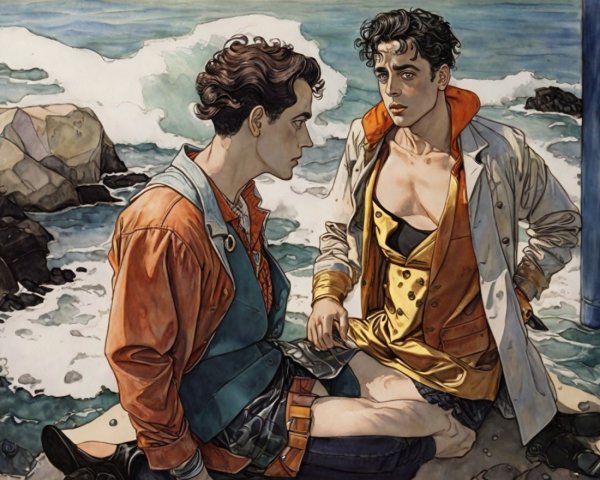 Stylish Young Men by the Ocean with Vibrant Outfits