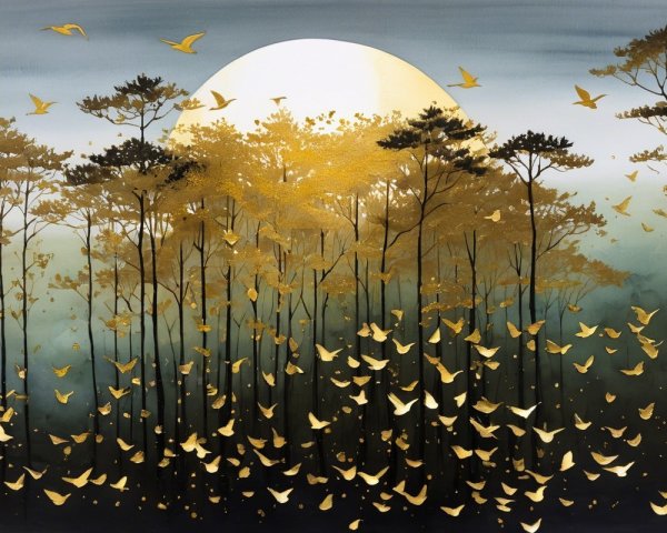 Serene Landscape with Golden Sun and Dark Trees