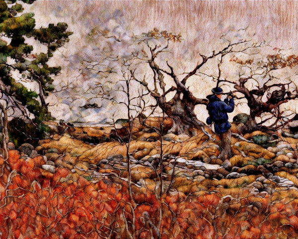 Solitary Figure in Autumn Landscape with Gnarled Trees