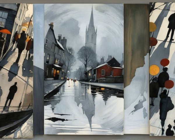 Urban Scenes with Shadowy Figures and Reflections