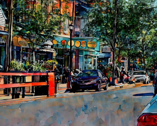 Vibrant Streetscape with Colorful Storefronts and Greenery