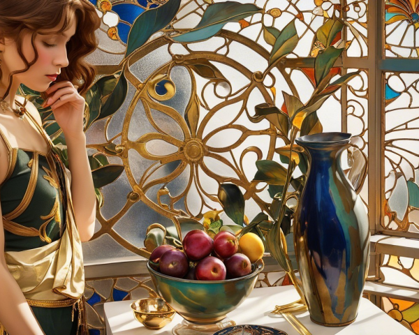 Young Woman by Stained Glass with Fruits and Pitcher