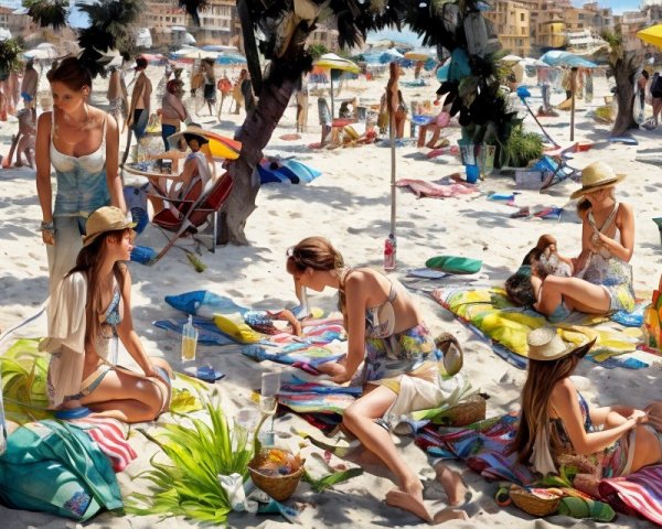 Vibrant Beach Scene with Sunbathers and Activities
