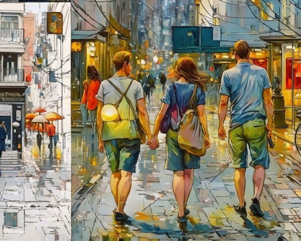 Vibrant Urban Scene with Rainy Street and Umbrellas