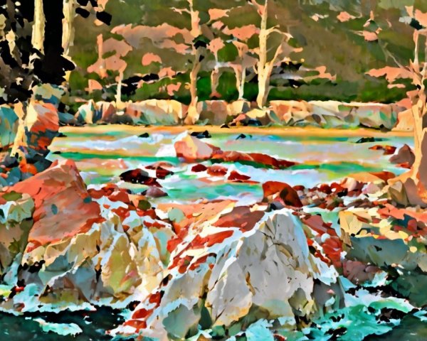 Vibrant Abstract Rocky Shoreline with Colorful Brush Strokes