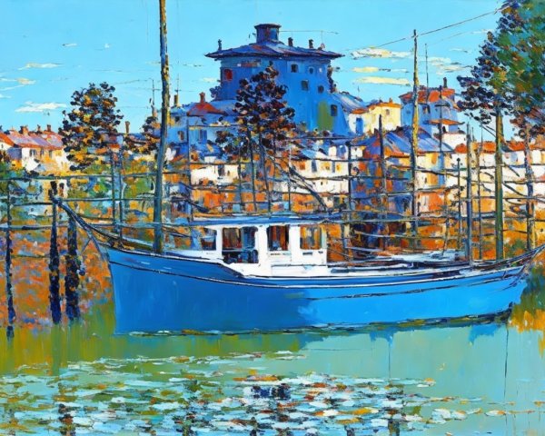 Impressionistic Scene of Blue Boat in Calm Waters