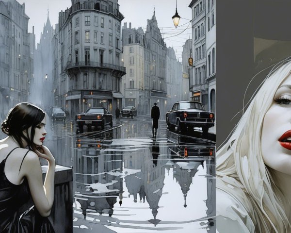 Vintage Cars in Rainy Urban Scene with Elegant Figures