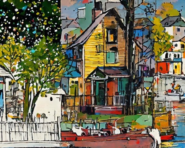 Vibrant Painting of a Seaside Town with Docks