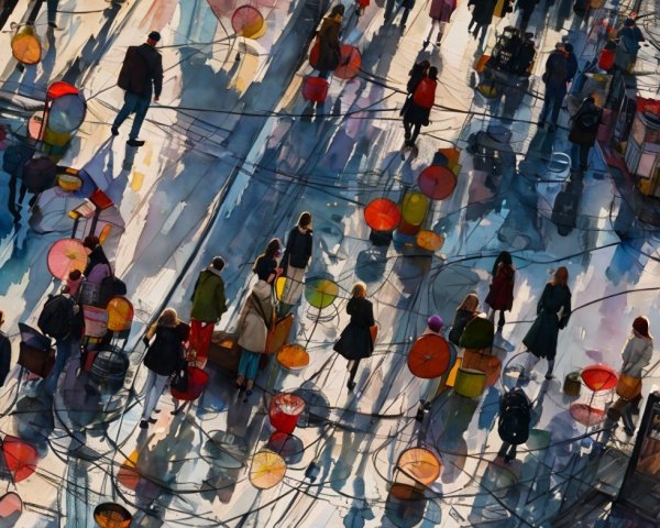 Vibrant Street Scene with Pedestrians and Umbrellas