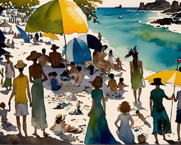 Vibrant Beach Scene with Sunbathers and Umbrellas
