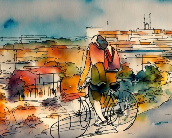 Vibrant Watercolor City View with Cyclists and Rooftops