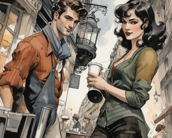 Stylish Couple in Parisian Café Setting