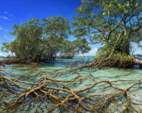 Serene Coastal Scene with Mangrove Trees and Turquoise Waters