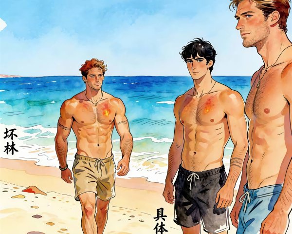 Watercolor Painting of Men on Beach in Swim Trunks