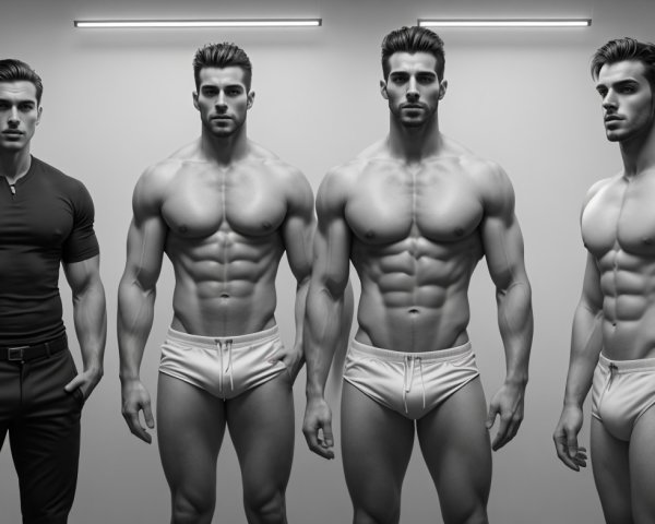 Muscular Men Posed in Minimalist Setting with Lighting