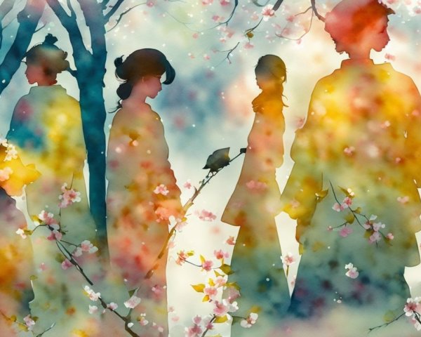 Watercolor Scene of Silhouetted Figures and Cherry Blossoms