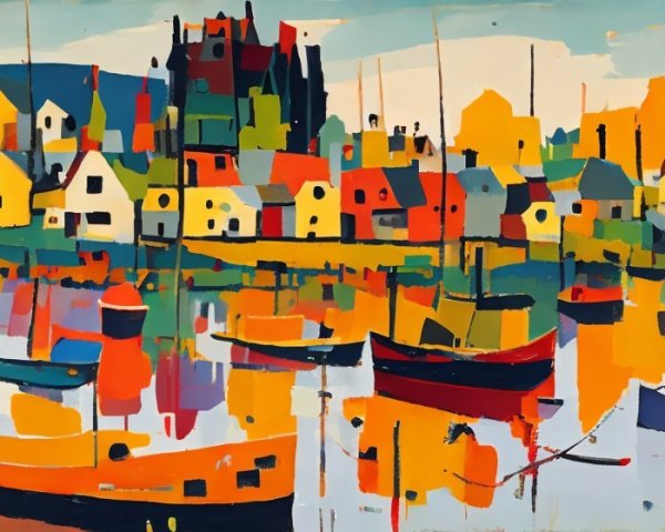 Vibrant Abstract Painting of a Coastal Town Scene