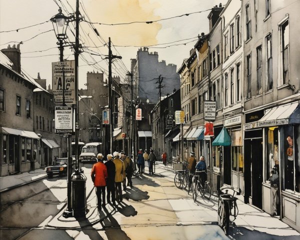 Vibrant Urban Street Scene with Historic Buildings