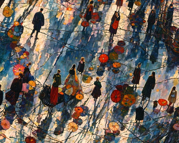 Impressionistic Park Scene with Colorful Umbrellas