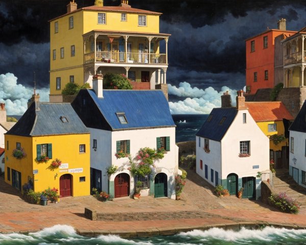 Coastal Scene with Colorful Houses and Stormy Sky