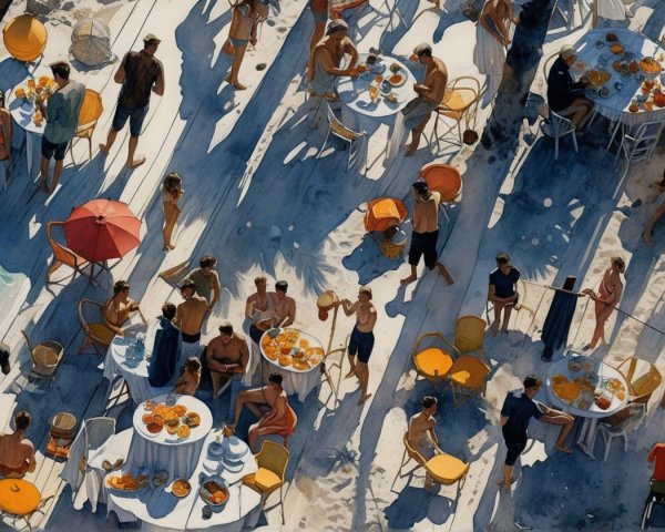 Vibrant Poolside Scene with Social Gathering in Watercolor