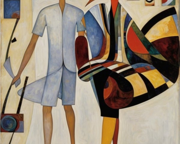 Abstract Scene with Figures and Colorful Birds