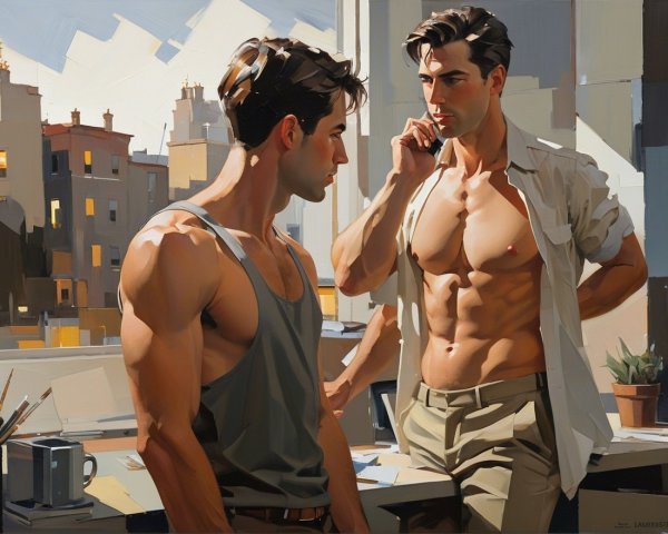 Men in Modern Room with Urban View and Natural Light