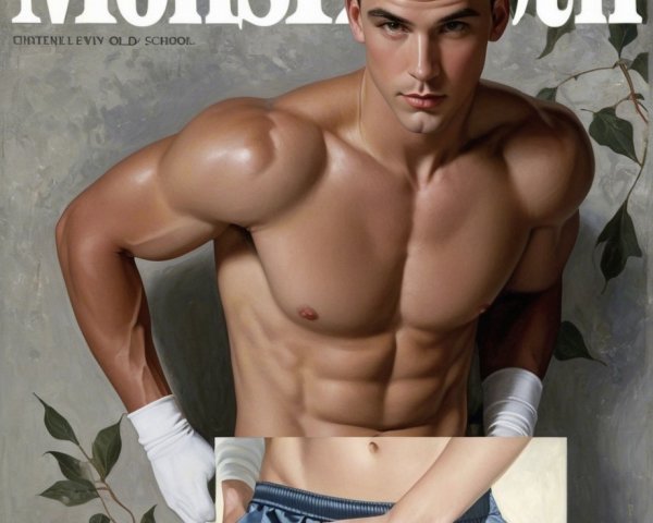 Muscular Young Man Posing with Vintage Magazine Aesthetic