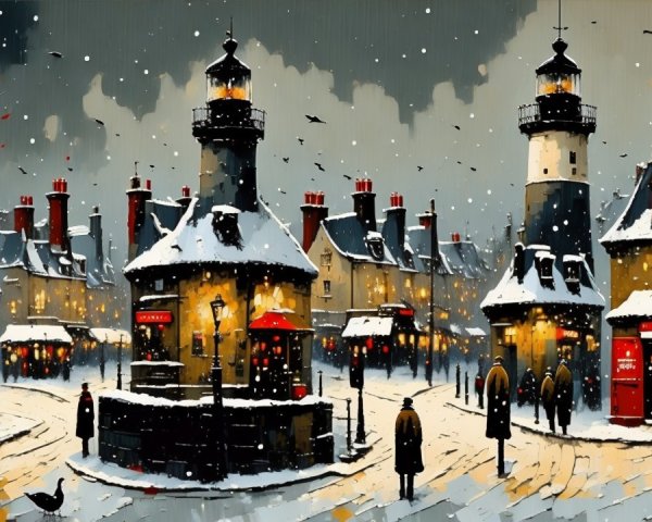 Snow-Covered Village Scene on a Winter Evening